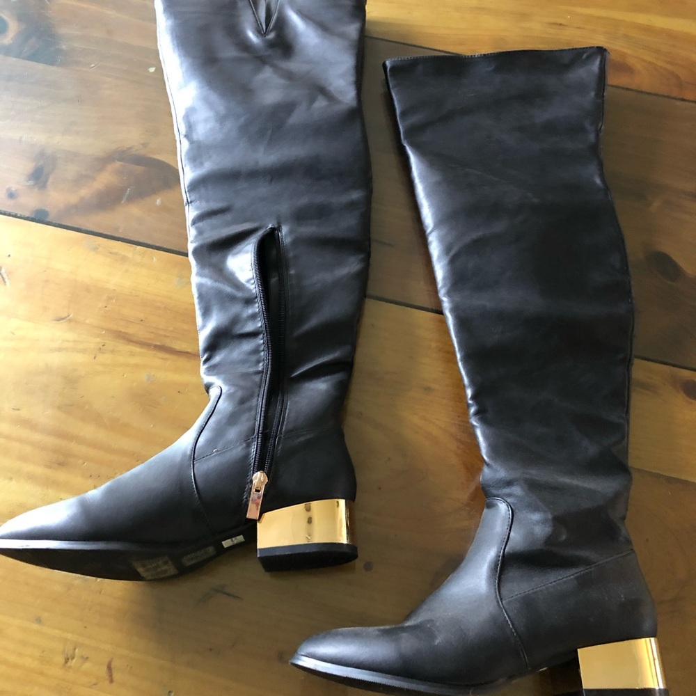 Over the knee boots with gold metallic heel